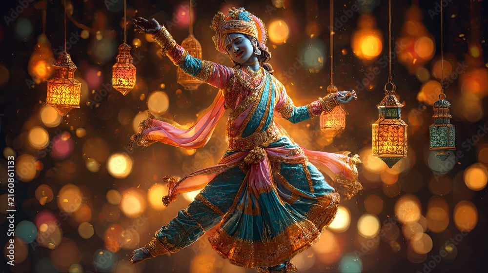Fototapeta premium Krishna joyfully dancing at a vibrant traditional Indian festival, dressed in colorful garments and surrounded by glowing lanterns, creating a lively and spiritual atmosphere of celebration. 