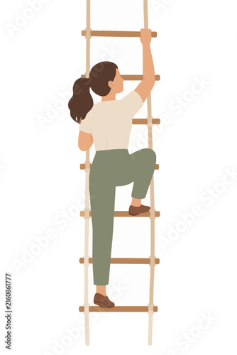 A determined woman climbing a wooden rope ladder hand-traced vector icon illustration showing strength, perseverance, fitness, and upward mobility in a flat design style with earthy tones