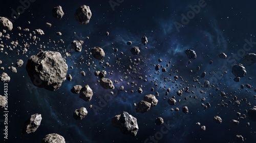 Realistic 3D illustration of a dense asteroid belt floating in deep space with stars and nebula background, representing the solar system, astronomy, and cosmic exploration themes.