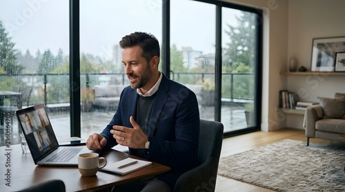 Professional mid-adult businessman in navy blazer engaging in remote video conference call from modern home office with large windows overlooking a rainy day city balcony.