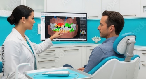 Dentist showing 3D dental scan on computer screen to patient in modern clinic