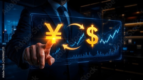 Businessman interacting with futuristic transparent digital screen showing Yen to Dollar currency exchange and stock market charts
