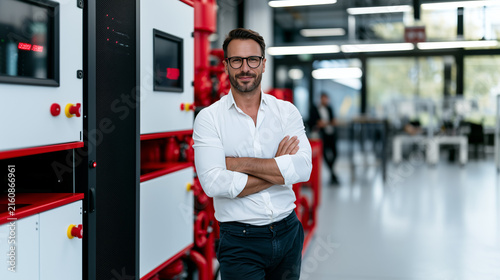 Data center safety engineer standing beside clean agent fire suppression control cabinet, confident expression, cool enterprise lighting, server room architecture, copy space, premium B2B editorial.