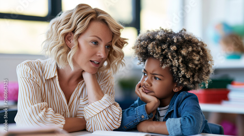 Tapety artystyczne Caring teacher listening attentively to discouraged child in classroom, supportive eye contact and gentle body language, education and empathy storytelling.
