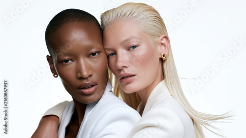 Two diverse women white blazer gold earring dark pale skin contrast fashion editorial portrait, luxury beauty collection campaign minimal white background studio, serene bonding closeup.