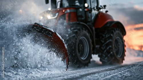Close view of snow plow blade cutting through deep snow beside powerful tractor, creating dramatic winter scene at sunset