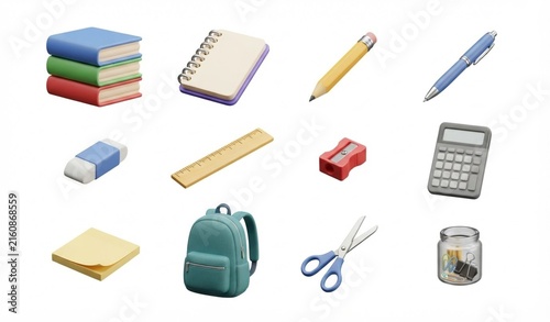 SEO Title: 3D Study Materials School Supplies Icon Collection