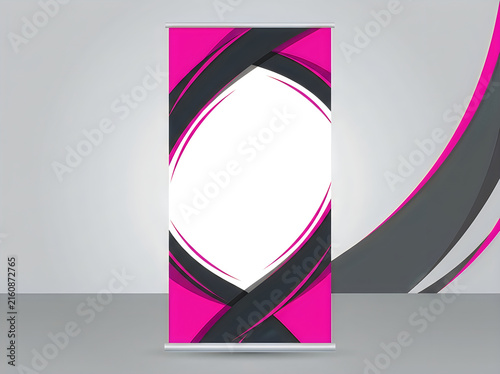 Roll Up Banner Stand Design Template. Modern abstract pink and black swirling pattern. Vertical promotional advertising media mockup for exhibitions and trade shows.
