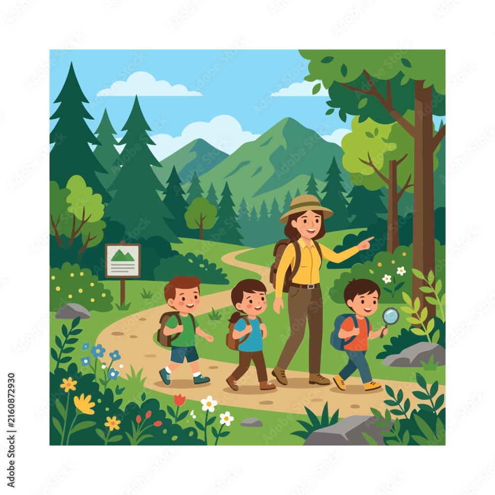 Naklejka premium Cartoon Woman Guide Leading Children on Nature Trail Hike Through Forest Mountains