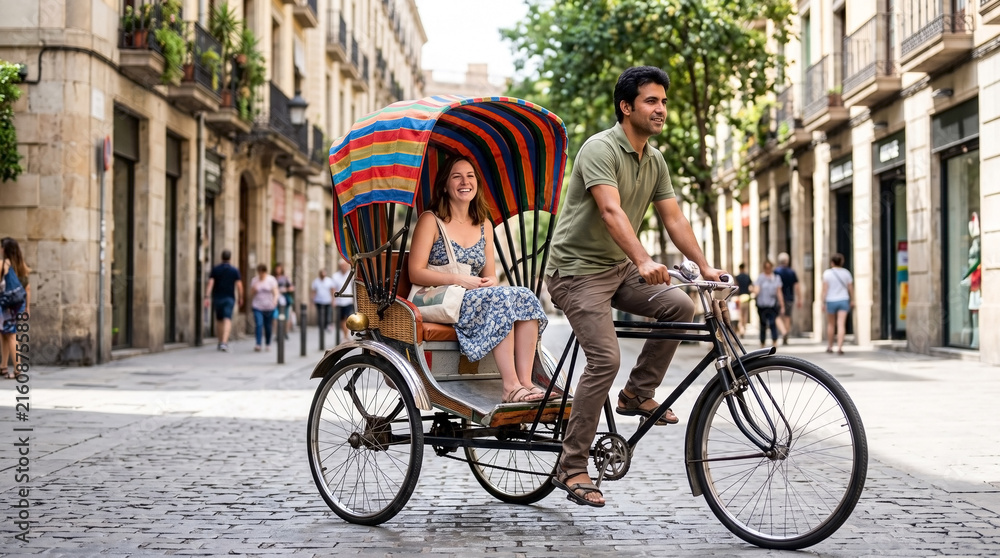Obraz premium Bicycle rickshaw ride through historic cobblestone street with happy woman passenger and driver. Bicycle rickshaw ride features colorful canopy. Leisurely bicycle rickshaw ride for urban tourism.