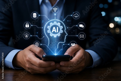 Businessman using smartphone with glowing ai brain hologram and technology icons