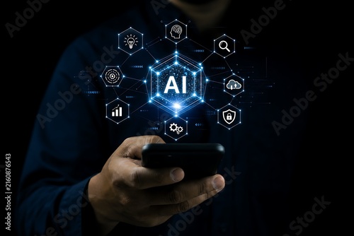 Person holding smartphone with glowing ai and technology icons hologram above screen