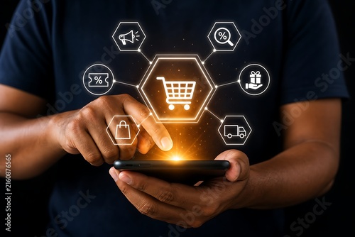 Person using smartphone for online shopping with ecommerce icons floating above