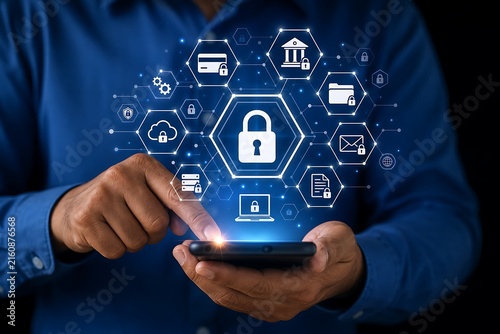 Person using smartphone with cybersecurity and data protection holographic interface