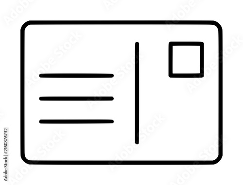 Hand-traced vector illustration of a classic postcard featuring a stamp box and address lines outlined in clean black strokes, simple line-art icon design