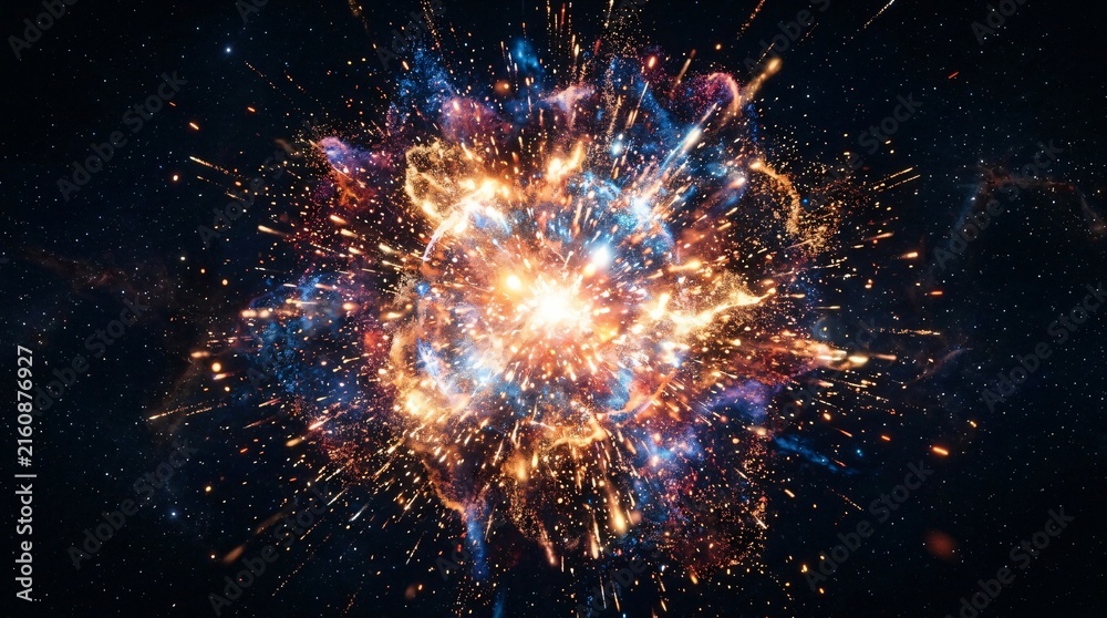 Fototapeta premium Supernova cosmic explosion bursting with glowing stardust, vibrant nebula particles, and fiery light in deep space.