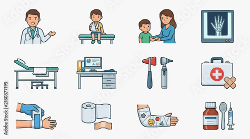 Sleek Medical Showcasing Doctor Child Patients Diagnostic Tools First Aid Kit and Treatment Essentials in Bright Colors