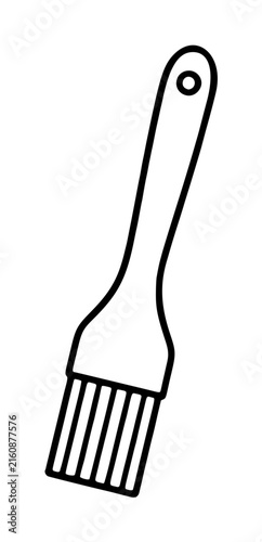 Hand-traced vector illustration of a pastry brush outline icon, featuring a curved handle with hanging hole and soft bristles, minimalist black line drawing for culinary and baking design elements