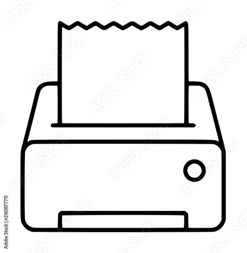 Minimalist hand-traced vector icon illustration of a receipt printer with paper zigzag edge emerging from the top, monochrome outline style design for commercial and retail graphics, clean line art