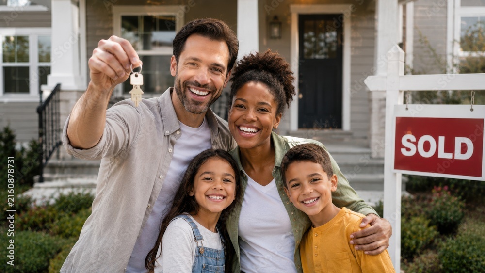 Obraz premium Family of four celebrating home purchase outside new house, father holding keys, mother smiling, children standing beside them in front of sold sign