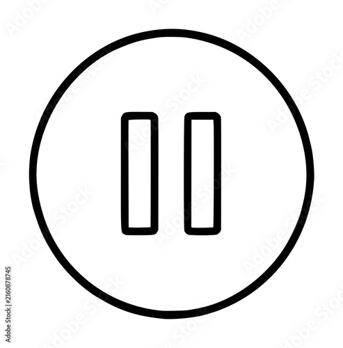 Minimalist hand-drawn pause button vector icon featuring two vertical black bars enclosed within a circular outline, clean monochrome line illustration for media playback control interfaces