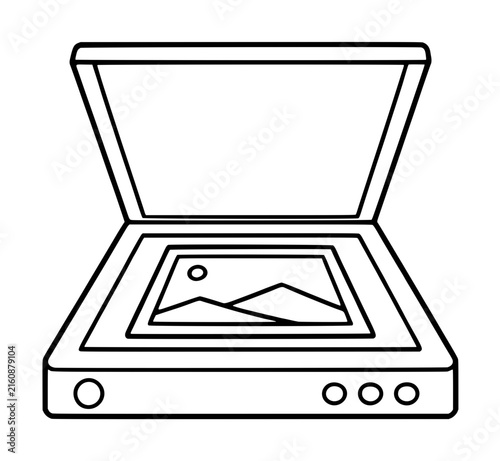 Bild auf Leinwand Hand-drawn flatbed photo scanner line art vector icon illustration with open lid