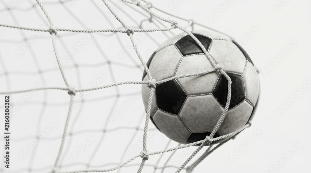 Fototapeta premium A classic black and white soccer ball hitting the back of a mesh goal net representing victory scoring and the thrill of professional sport competition