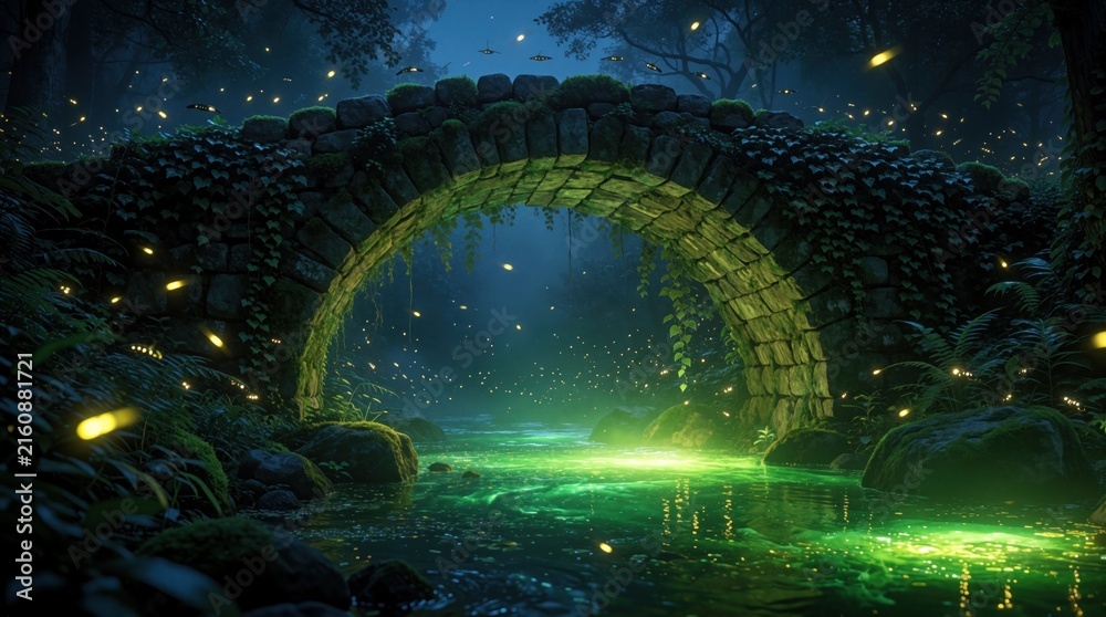 Naklejka premium Old stone arch bridge over glowing green river in dark forest at night. Fireflies and mist create magical fairy tale atmosphere. Peaceful nature scene.