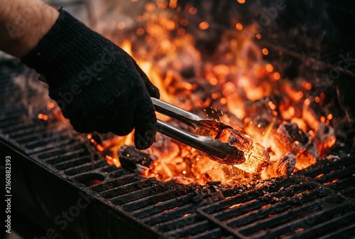 Faceless hand in a black glove using metal tongs to turn hot glowing charcoal. Cinematic haze and fiery bokeh for barbecue preparation concepts.