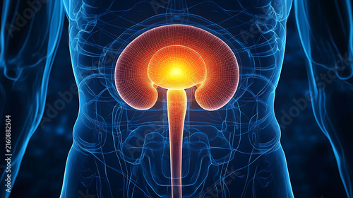 Anatomical illustration of human urinary system with glowing kidney and ureter.