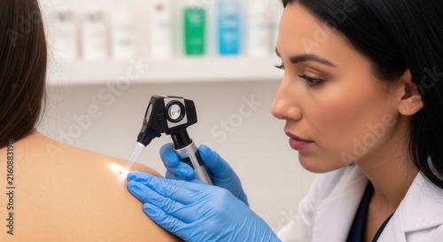 Dermatologist examining mole on patient's shoulder with dermatoscope, close-up side profile