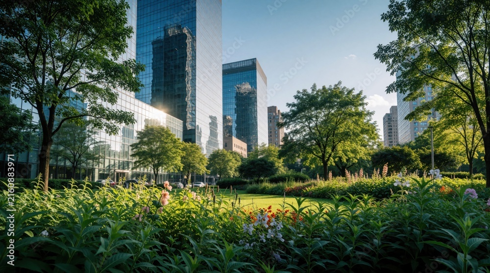 Fototapeta premium Modern glass skyscrapers reflect bright sun in eco friendly city park. Rich green trees, colorful summer flowers grow near urban office buildings. Sustainable architecture integrates nature into