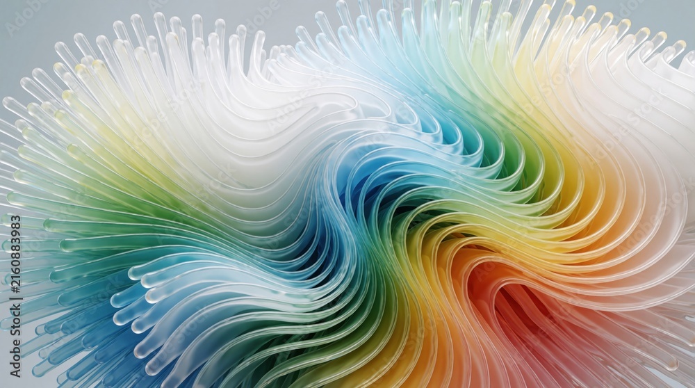 Fototapeta premium Abstract glass sticks form wave patterns with soft color gradients transitioning from white to red. Smooth flowing lines create organic, colorful shapes perfect for backgrounds.