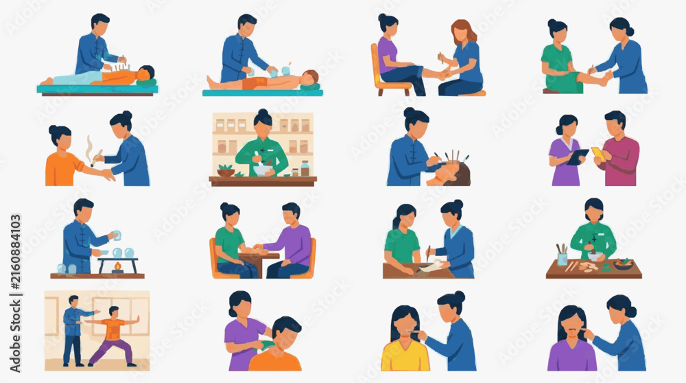Fototapeta premium Sleek of Diverse Traditional and Modern Healthcare Practices with Professionals and Patients in Vibrant Colors