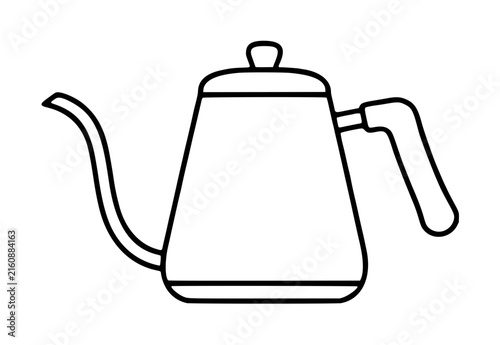 Elegant hand-traced vector illustration of a classic gooseneck pour-over coffee kettle featuring a slender curved spout, minimalist line art design, kitchenware icon, beverage preparation accessory