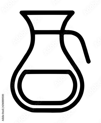 Hand-drawn vector icon of a classic glass carafe pitcher with curved handle and rounded base, minimalist black line illustration on white background for beverage and kitchen design