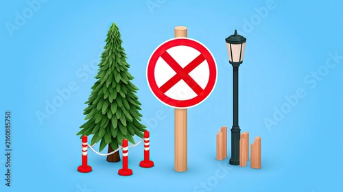 No Entry Sign with Christmas Tree and Street Lamp on a Light Blue Background for Holiday Season Designs