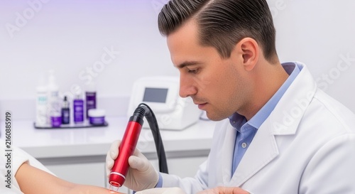 Dermatologist Performing Laser Skin Treatment on Patient's Arm in Modern Clinic