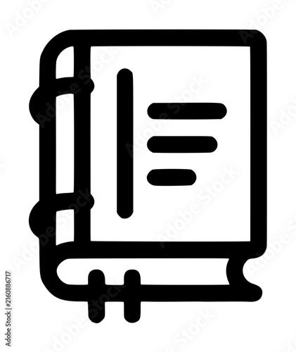 Hand traced vector icon illustration of a classic hardcover ledger book with textured spine, lined pages, and stitched binding detail, perfect for accounting and bookkeeping graphics
