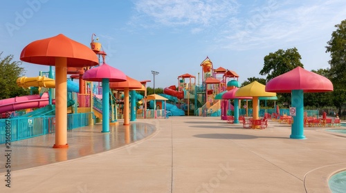 Vibrant Water Park with Colorful Slides, Play Structures, and Mushroom Shade Canopies on a Sunny Day
