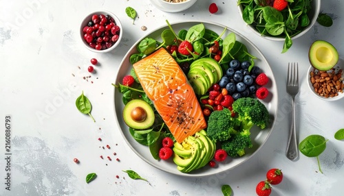 Healthy food ingredients on white table.