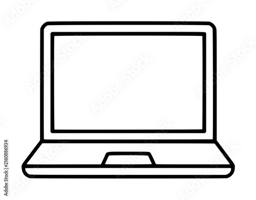 Minimalist hand-drawn vector icon illustration of an open laptop computer with a blank screen, rendered in clean black line art on a white background, ideal for tech-themed graphic design projects