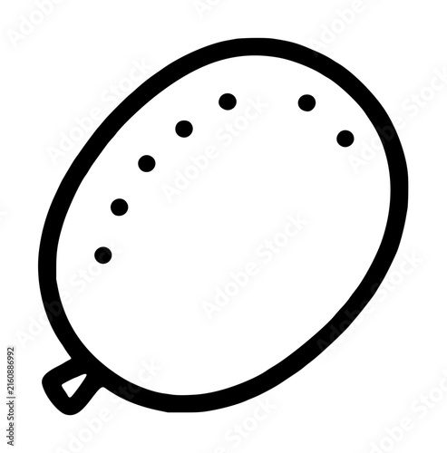 Hand traced vector illustration of a simple kiwi fruit icon with bold black outline and scattered seeds, minimalist line art design for food graphics and packaging