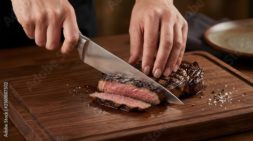 Chef Slicing Medium Rare Grilled Ribeye Steak on Wooden Cutting Board.