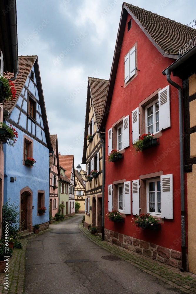 Fototapeta premium Colorful historic Alsace street lined with half timbered houses and red painted home. Cobblestone path leads past ancient town buildings with flower boxes.