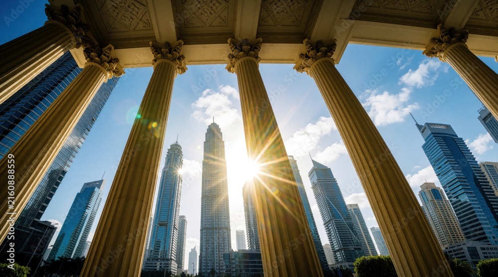 Fototapeta premium Tall ancient columns frame a sunbeam piercing through, illuminating modern skyscrapers against a clear blue sky. Urban fusion of classical and contemporary architecture.