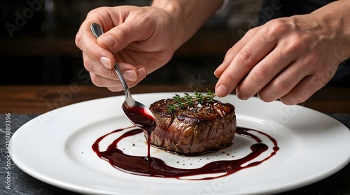 Chef plating a delicious grilled beef steak with red wine reduction sauce.