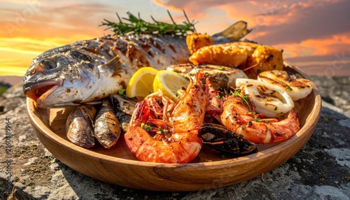 Seafood platter on rocky beach sunset.