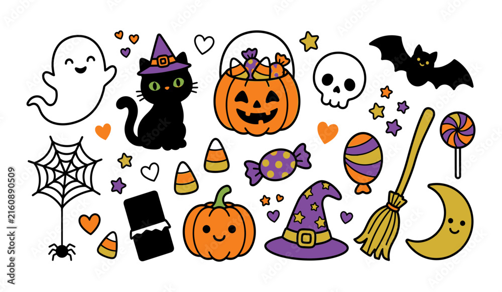 Obraz premium Cute hand drawn halloween elements set featuring a black cat ghost pumpkin jack o lantern skull and candy treats