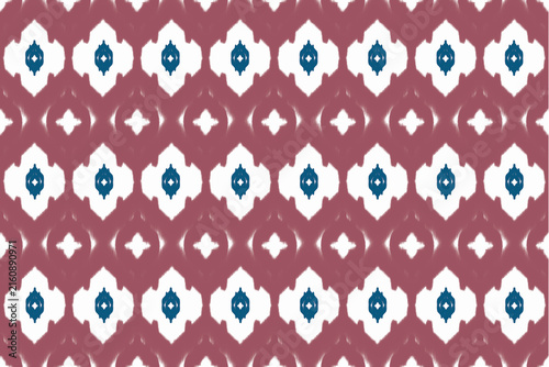 Seamless Ethnic Ikat Geometric Pattern Design with Traditional Tribal Motifs in Mauve Red, White, and Blue